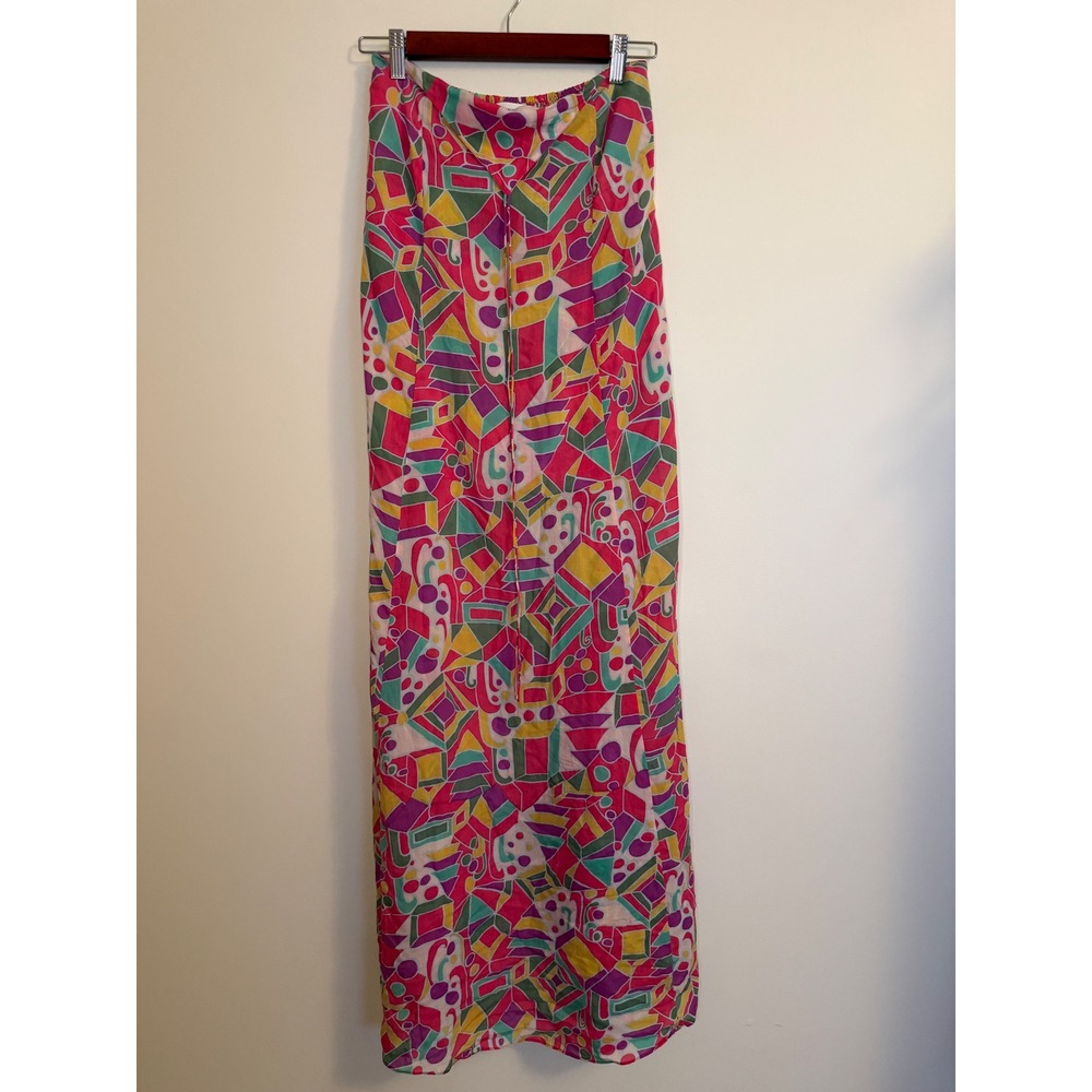 SWF Boutique XS Geometric Abstract Print Halter Maxi Dress Pink Yellow Multi